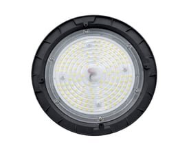 SpectrumLED Plateo 4 high bay-armatur på 100 W i sort, set forfra med den runde LED-lyskilde synlig.