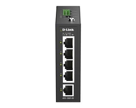 D-Link DIS-100E-05 industri-switch i sort med fem Ethernet-porte, vist forfra med porte og indikatorer.