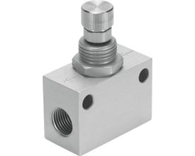 Festo kontraventil med reduktion GR-1/8-B i metal med justeringsknap og G1/8 gevind, vist isoleret.