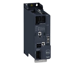 Nærbillede af Schneider Electric ATV340 frekvensomformer, der viser tilslutningsporte for Ethernet, I/O og DC Bus samt mærkninger.