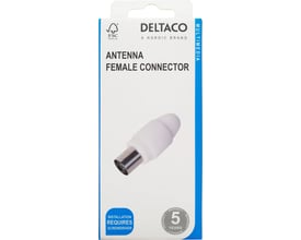 Emballagen til Deltaco forniklet hun-antennestik med 75 Ω og IEC 169-2 viser en tegning af stikket.