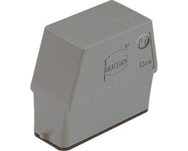Detaljeret billede af Harting HAN A stikhus, viser logo og materiale i støvgrå aluminium.