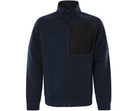 Fristads sweatjakke 7830 GKI i mørk marine, størrelse XL, set forfra med høj krave, lynlås og sort brystlomme.