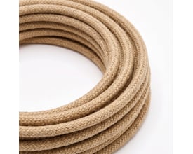 5 meter stofledning i jute og beige, snoet i flere løkker med en tydelig flettet tekstiloverflade.