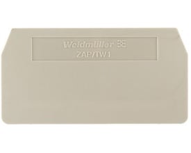 Detaljebillede af Weidmüller endeplade ZAP/TW 1, der fremhæver materialetekstur og prægede mærkninger.