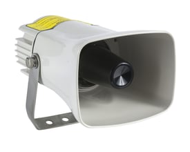 Schneider Electric Sirene XVS i hvid, 12/24VDC, med 8 kanaler og 43 toner, monteret med metalbeslag.