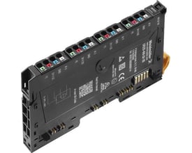 Weidmüller Analog Input Modul UR20-4AI-UI-16 med 4 kanaler og 16-bit opløsning, fremviser PUSH IN terminaler og systembus-interface.