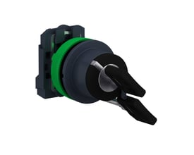 Schneider Electric komplet nøglegreb til flush montage med 2 positioner og 1xNO kontakt. Nøglegrebet er sort med en grøn monteringsring og viser et glimt af de sorte kontakter.
