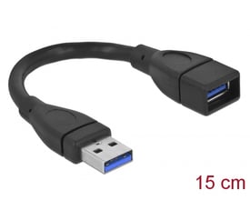 Delock USB 3.0 Type-A-forlængerkabel på 15 cm med sort kabel, hanstik og hunport vist fra skrå vinkel.