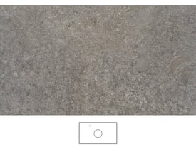 Svedbergs mineralbordplade i kalksten, 81 x 46 cm, med grå, mønstret overflade og skitse af armaturhul i venstre side.