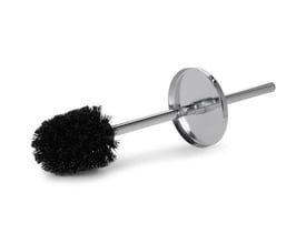 Toiletbørste indsats i skinnende krom med sort børstehoved og et rundt kromgreb mod en hvid baggrund.