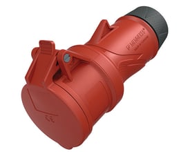 Rødt CEE-forlængerled Mennekes PowerTOP Xtra R, 32 A, 4-polet, set skråt forfra med sort forskruning.