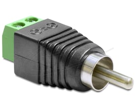 DeLock-adapter med RCA-hanstik og 2-polet terminalblok, set skråt forfra med sort hus og grøn terminal.