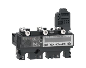 Schneider Electric Micrologic 62E-M relæ med 80A mærkestrøm og energimåling på en hvid baggrund.