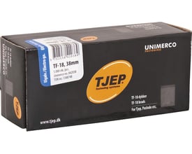 Tjep TF-18 stifter, 38 mm, i elgalvaniseret finish, vist i original sort æske med Unimerco Fastening logo.