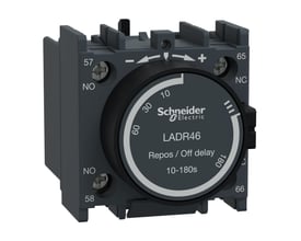 Schneider Electric tidsblok LADR46 til styrekredsløb med 1 NO-1 NC og justerbar forsinkelse fra 10-180 sekunder, mørkegrå.