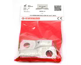 Elpress rørkabelsko KRF95-12-CP til 95mm², M12, vist i emballage med 2 stk. inklusive certificeringer og produktinformation.