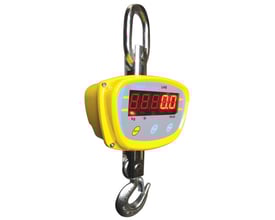Gul LHS kranvægt med 500 kg kapacitet og digital skærm, vist med hængende krog og sjækel.