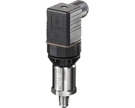 Siemens SITRANS P200 tryktransmitter i rustfrit stål og sort plast, med mærkater og gevindtilslutning synlig.