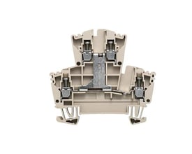 Weidmüller dobbeltklemme WDK 2,5 ZQV med skrueforbindelser og DIN skinne montering i mørk beige.