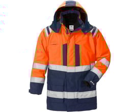 Kansas Fristads Hi-Vis Airtech 3-i-1 parka jakke i str. M, kombinerer orange og marineblå med reflekterende bånd for optimal synlighed.