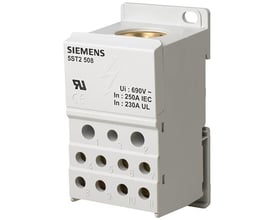 Siemens 1-polet fordelingsblok på 250 A og 690 V med hvidt hus, tilslutningshuller og indgang øverst.