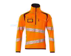 Mascot striktrøje med kort lynlås i Hi-Vis orange og mørk marine, med reflekser og brystlomme.