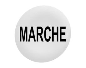 Schneider Electric løs trykflade hvid med sort "MARCHE" tekst, designet til Ø30 mm flush trykknaphoveder.