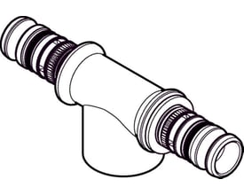 Stiliseret tegning af et Geberit Mepla T-stykke med muffeforbindelser i 32 mm og 1" samt 32 mm til rørsystemer.