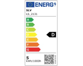 Energimærke for SLV Dorisa 50 spejllampe, viser energiklasse D på en skala fra A til G og et forbrug på 5 kWh/1000h.