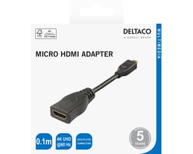 Deltaco HDMI til micro HDMI-adapter på 0,1 meter i sort, vist på emballagen med begge stik synlige.
