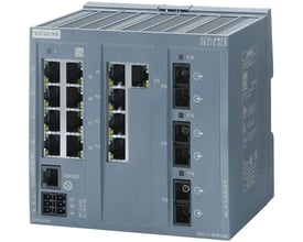 Siemens SCALANCE XB213-3LD manageable layer 2 IE-switch med 13 RJ45 og 3 SC-porte i grå plast på hvid baggrund.
