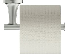 Duravit Starck T papirholder i børstet rustfrit stål med en rulle toiletpapir monteret. Mål: 76 x 50 x 152 mm.