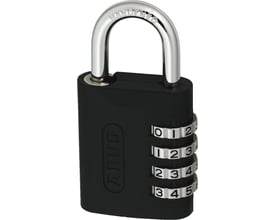 Abus hængelås med kode 158KC/45, AP054, med en sort krop og krom bøjle med 'HARDENED' inskription.