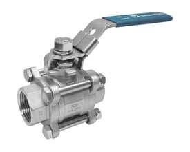 3-delt kuglehane med muffe/muffe, syrefast 316 stål, 3" gevind og PTFE pakning, bygget til 205 mm længde.