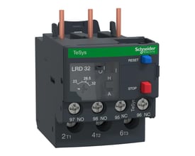 Schneider Electric TeSys D termorelæ LR3D 32A med justeringsområde 23-32A og Reset/Stop-knapper på enheden.