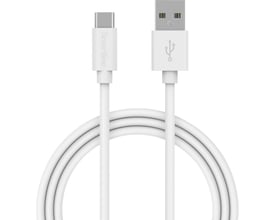 Hvidt USB-A til USB-C-ladekabel på 100 cm med begge stik og den oprullede ledning synlig.