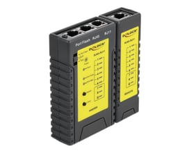 DeLock kabeltester til RJ45 og RJ12 med portfinder, vist som to sorte enheder med gule betjeningsfelter og stikporte.