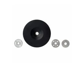 3M plan bagplade PN09387, 180mm, med M14 gevind, vist med tre tilbehørsdele på hvid baggrund.