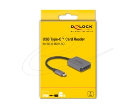 Emballagen til DeLock-kortlæseren viser USB-C-kortlæseren til SD- og Micro-SD-kort med aluminiumskabinet.