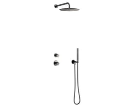 Damixa Iris termostatbatteri i børstet grafit grå med 2-grebs indbygning, rund hovedbruser og stick håndbruser.