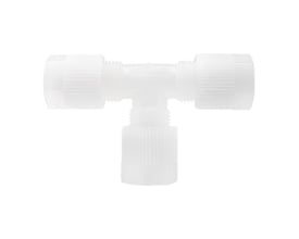 Hvidt Serto PVDF T-stykke med 6 mm og 4 mm tilslutninger, egnet til 10 bars tryk og sterilisation.