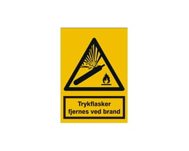 Gult advarselsskilt af vinyl i A6 format med symbol for trykflaske der eksploderer og flammer.