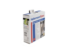 HellermannTyton krympeflex box med gul/grøn krympeslange, der måler 9,5/4,7 mm i diameter og 5 meter i længden.