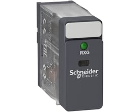 Schneider Electric RXG13F7 stikbensrelæ med 10A, 120VAC, 1 C/O kontakt og grøn LED-indikator.