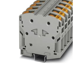 Nærbillede af Phoenix Contact stærkstrømsklemme PTPOWER 95, 95mm² i grå, viser den modulære opbygning og monteringsskinne.