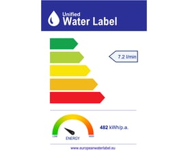 Vandmærkningsetiket for Oras Apollo håndbruser med flowangivelse på 7,2 l/min og energiskala.