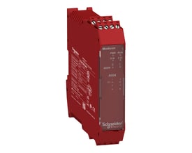 Schneider Electric Modicon XPSMCMAI0400 udvidelsesmodul med 4 analoge indgange til 0-20mA eller 0-10V, med skrueklemmer og tydelig mærkning for adresse og kanaler.