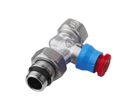 Giacomini ligeløbende radiatorventil 1/2'' til gulvvarmeshunt med blå kobling og rød justeringsknap.