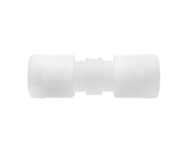 Serto SO21021-16/13 PVDF unionskobling til 16/13 mm rør i hvid plast med gevinddetaljer og ribbet overflade for greb.